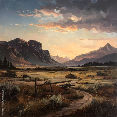Majestic Mountain Landscape Painting with Dramatic Sky and Winding Path.