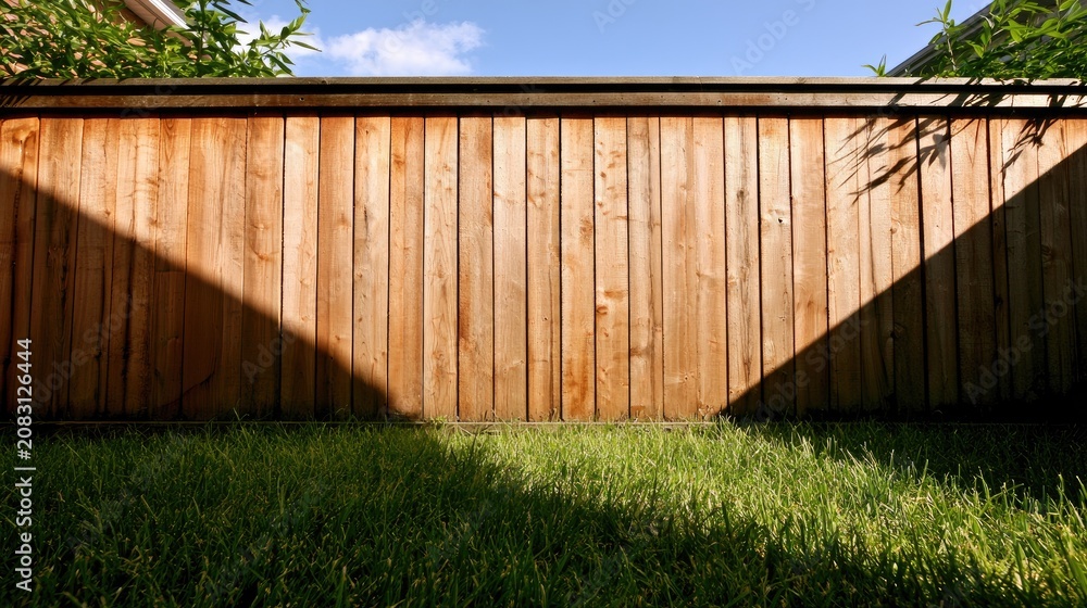Fototapeta premium Sunlit wooden fence casting shadows on green grass