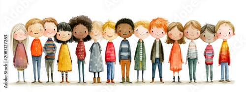 A Joyful and Diverse Group of Smiling Children Standing Together Shoulder to Shoulder in an Artistic Illustration