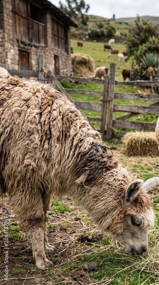 Fototapeta premium Llama grazing on pasture near rustic barn. Traditional agribusiness landscape with livestock roaming in the background field.