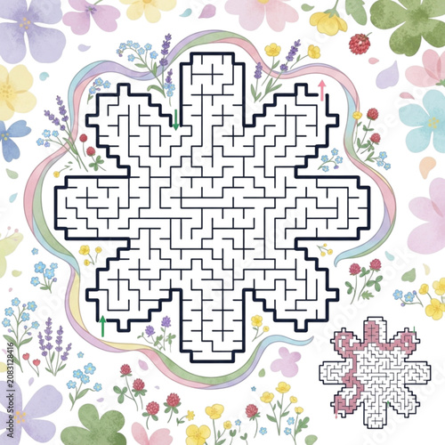 Snowflake maze design with floral background and colorful accents  