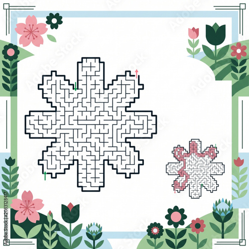 Flower labyrinth maze design with floral border and decorations  