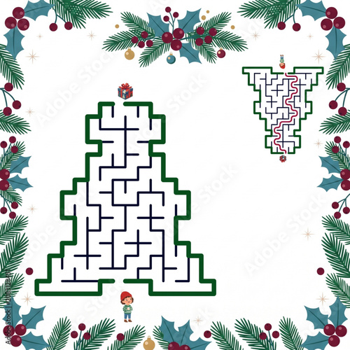 Christmas tree maze puzzle on a festive holiday background  
