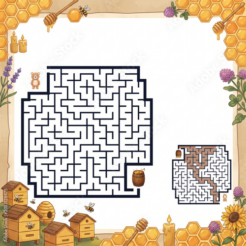 Beekeeping-themed maze illustration with honey barrels and flowers  