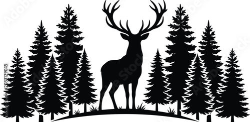 Εκτύπωση καμβά Majestic deer standing in pine forest, dark silhouette against white background, nature scene