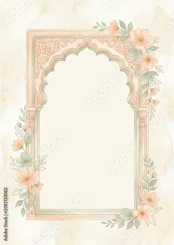 Elegant Watercolor Indian Arch Frame with Pastel Floral Ornaments and Vintage Textured Background