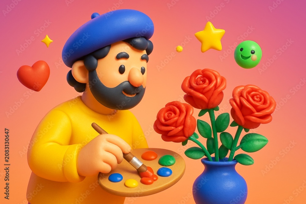 Fototapeta premium Cheerful cartoon artist painting red roses on a palette surrounded by floating emojis and stars on a warm gradient background concept. Ai generative