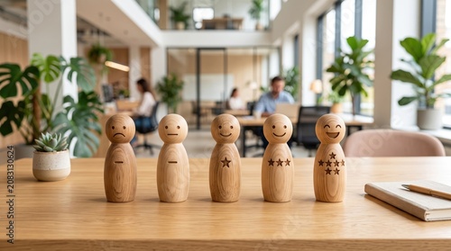 Positive Customer Review Concept with Smiling Wooden Dolls