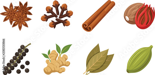 Foto Aromatic cooking spices vector icon set featuring star anise cinnamon ginger nut