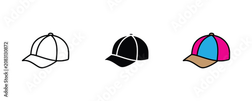 Baseball cap icon set. Sport headwear, casual fashion accessory, summer hat, or peaked cap symbol. Vector illustration.