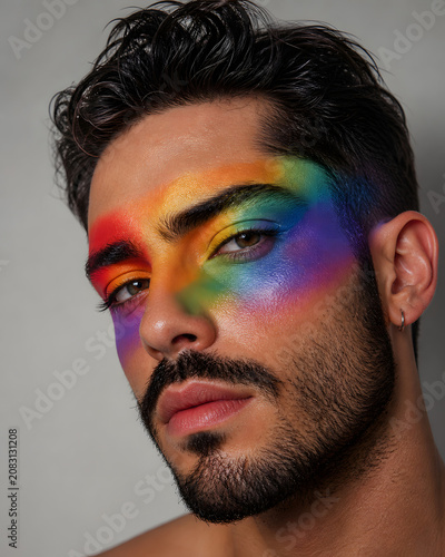 Close-Up Portrait Of Young Man With Bold Rainbow Face Makeup On Neutral Background, Colorful Beauty Editorial For Pride, Diversity, Self Expression And Creative Fashion