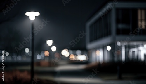 Soft bokeh lights illuminate a modern building and pathway at night