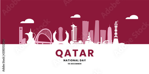 Minimalist Qatar National Day Skyline Banner Featuring Iconic Doha Landmarks in Maroon and White with Modern Flat Vector Design