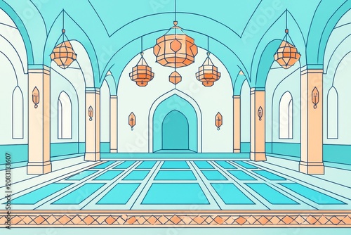 Traditional Islamic architecture interior with colorful arches, lanterns, and patterned floor in minimal line art style for cultural background use. Ai generative