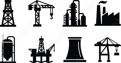 Heavy Industry Factory And Oil Rig Black Silhouette Icon Set Featuring Cranes And Power Plant