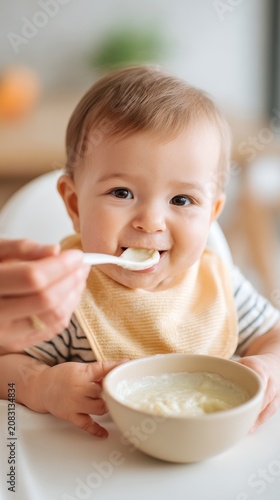 Baby enjoying mealtime with a spoon