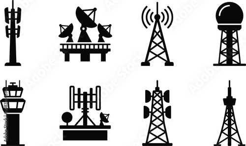 Foto Telecommunication Towers And Network Antenna Black Silhouette Icon Set Isolated