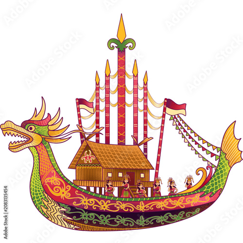 An illustration of a ceremonial boat featuring dragon motifs and Dayak (Kalimantan) ornaments.