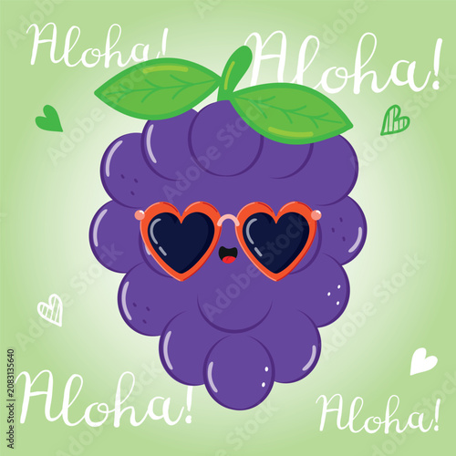 Cute Dark Blue Grape Aloha Summer Character Greeting Illustration