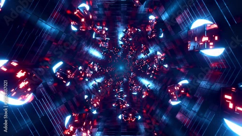 Futuristic spaceship corridor loop with flying tech cubes and bright blue neon lighting. 3D rendering