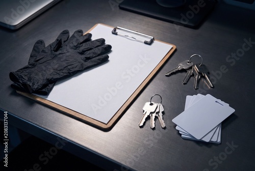 Clipboard with Gloves and Keys on Desk