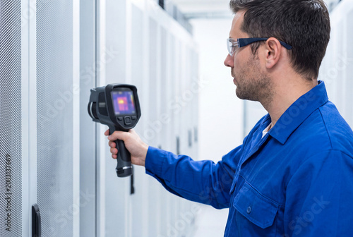 Technician Using Thermal Imaging Camera in Data Center