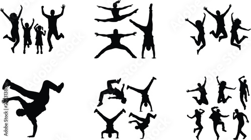 Cuadro en lienzo Black Silhouette Collection of People Jumping Dancing and Practicing Acrobatics