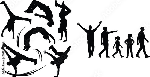 Фотография Black Silhouettes Set of Acrobatic Breakdancers and People in Motion Isolated on