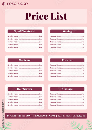 Beauty salon price list menu template with elegant pink and maroon background