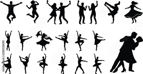 Foto Happy people and dancers silhouettes vector collection jumping dancing and doing