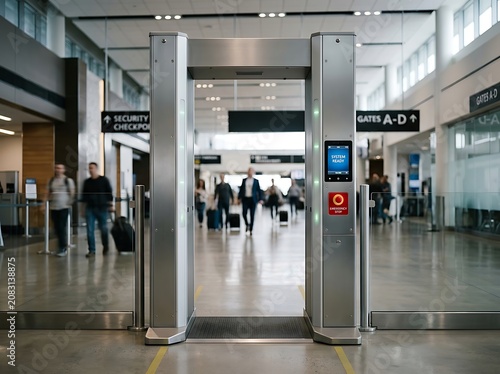 Modern airport security checkpoint with metal detector and travelers walking through terminal area