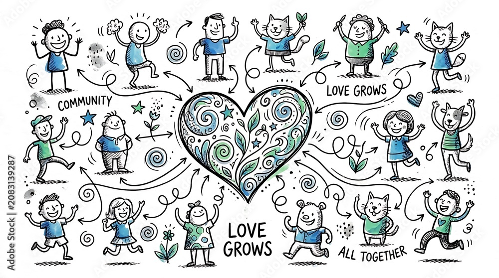 Fototapeta premium Hand-drawn illustration of love and kindness with diverse people and animals.