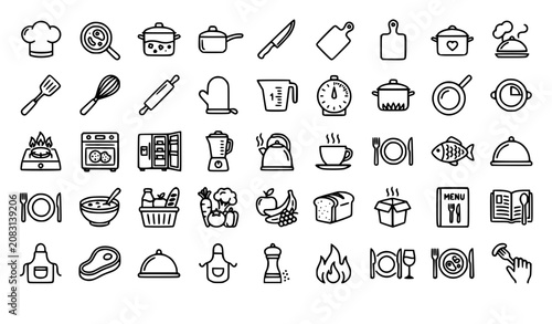 Photos Kitchen and Restaurant Outline Icons with Cooking Grocery and Food Preparation S