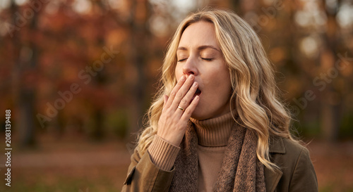 Tired Middle Aged Woman Yawning in Autumn Park Covering Mouth with Hand and Wearing Warm Winter Scarf