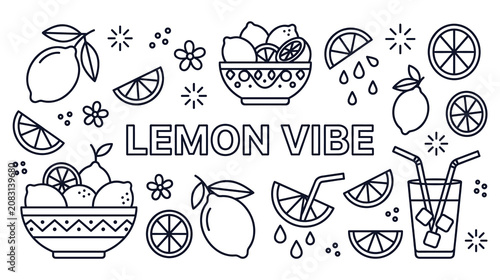 Foto Lemon vibe line art design with citrus fruits and lemonade elements for branding assets