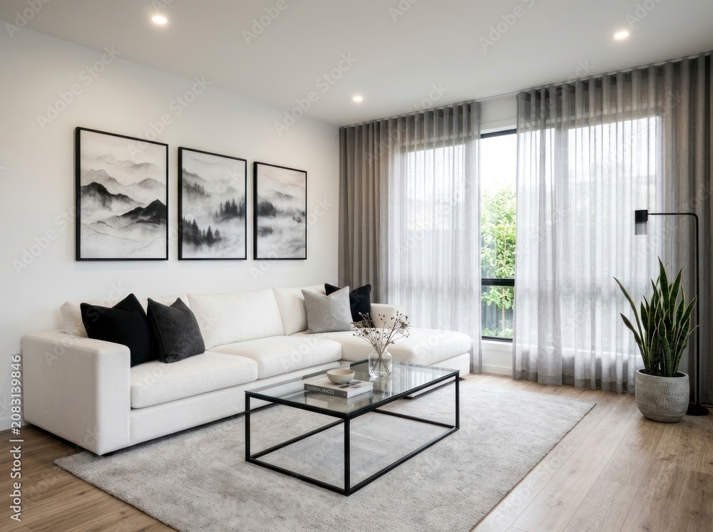 Fototapeta premium Modern living room interior with white sofa, glass coffee table.