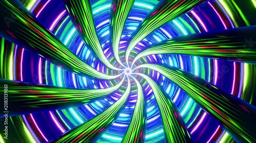 Flying through an abstract portal with rotating green and blue metallic spirals under glowing neon rings. 3D rendering