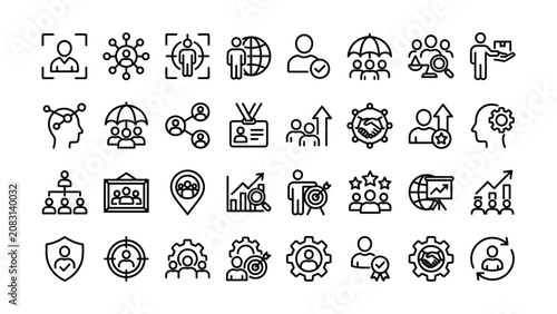Collection of diverse icons representing business management and team collaboration concepts