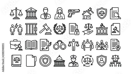Collection of legal and justice system icons with transparent background