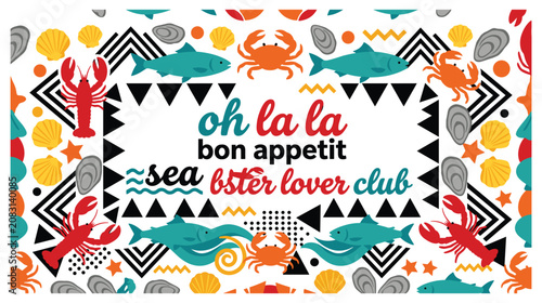 Fotografie Seafood restaurant pattern with lobster crab fish and oyster shells in geometric framework
