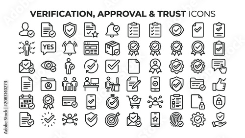 Collection of verification approval trust confirmation icons set transparent background