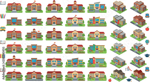 Mega School Building Vector Icon Set Featuring Flat and Isometric Educational Institution Architecture Library with School Bus and Academic Supplies Symbols