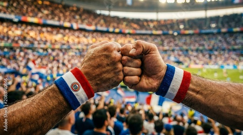 Paraguay France Fist Bump, Football Fans Unity in Stadium Crowd