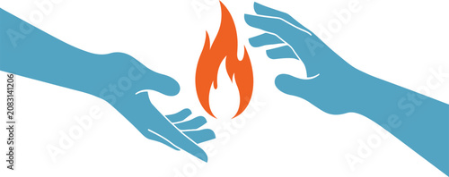 Photography Two hands reaching towards a flickering fire flame with reaching metaphor illust