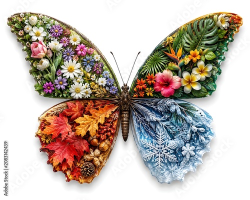 Butterfly Composed Of Seasonal Flora And Fauna A Detailed Composite Illustration autumn leaves botanical bloom blossom chrysalis cold