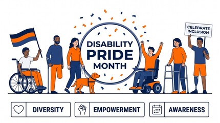 Disability Pride Month Illustration With Diverse People And Assistive Devices