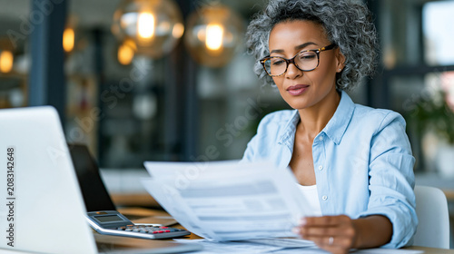 Tax preparation concept, businesswoman in smart casual attire reviewing printed financial statements at a modern office desk, calculator and laptop open beside her, warm daylight t