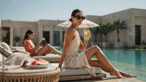 Stylish woman holding a cocktail by the pool