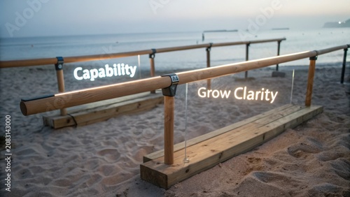 Inspirational Beachside Signage with Words Capability and Grow Clarity on Wooden Rails at Dusk by the Ocean