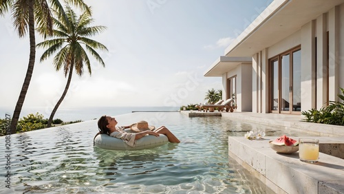 Woman relaxing on a tube in an oceanview luxury villa pool with fruit and drinks